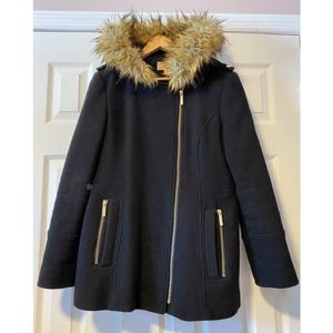 Michael Kors Asymmetrical Coat w/ Faux Fur Hood